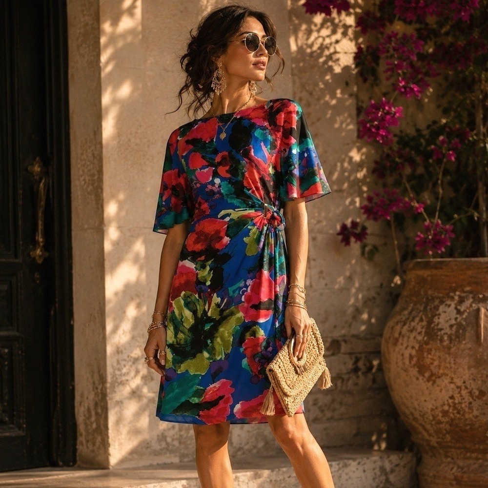 Watercolor Floral Side Tie Sheath Dress Flutter Sleeve Stretch Size 4 Tahari